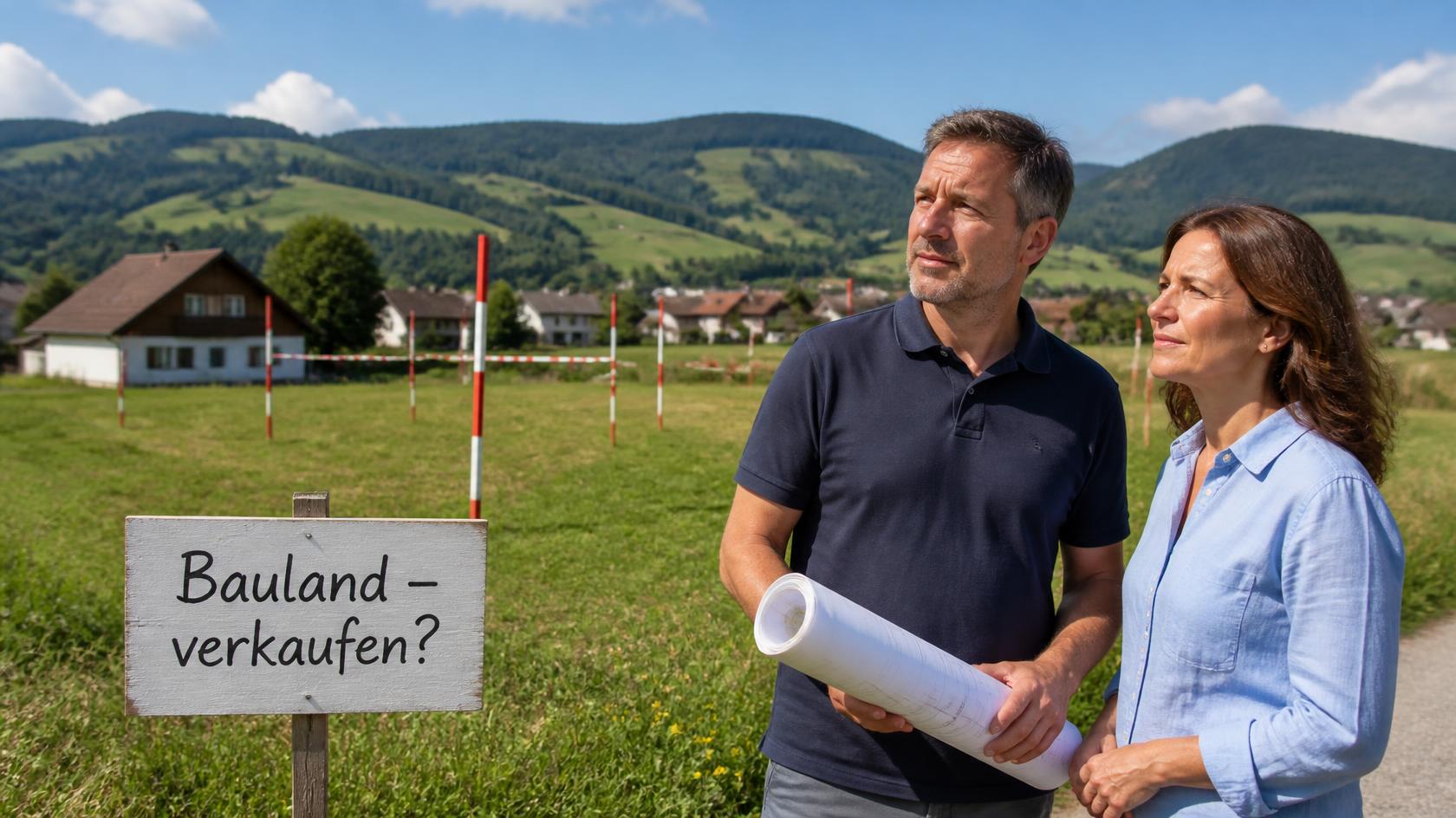 Paar mit Bauplan auf einer ausgesteckten Baulandparzelle, Schild «Bauland – verkaufen?»