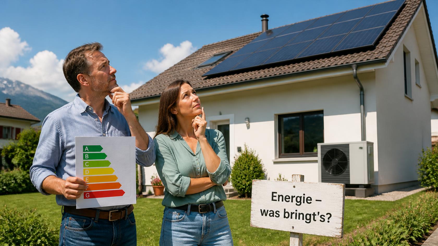 Paar mit Energieetikette vor Einfamilienhaus mit Solaranlage und Wärmepumpe — Energie und Sanierung