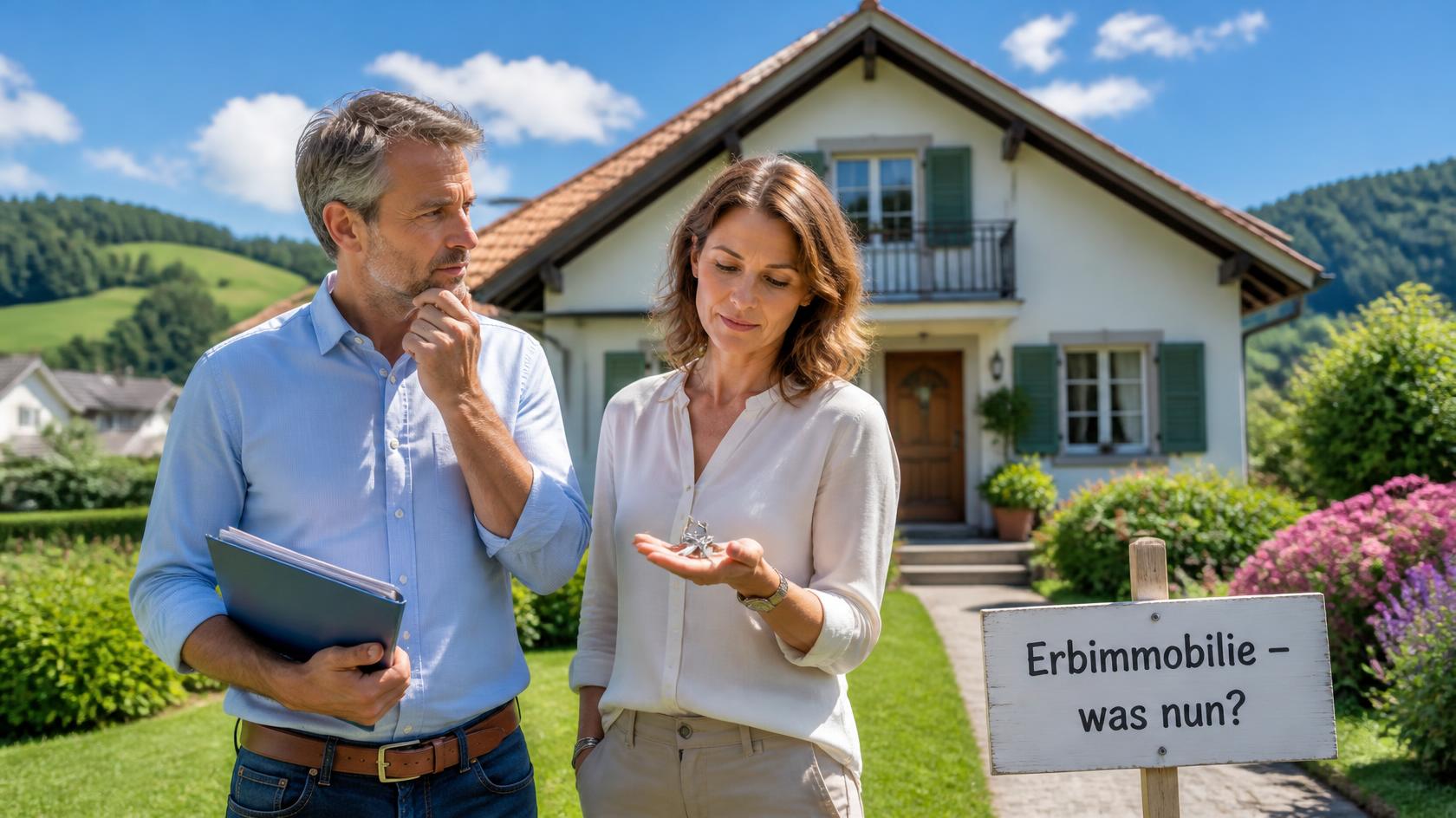 Geschwister mit Hausschlüssel vor geerbtem Einfamilienhaus, Schild «Erbimmobilie – was nun?»