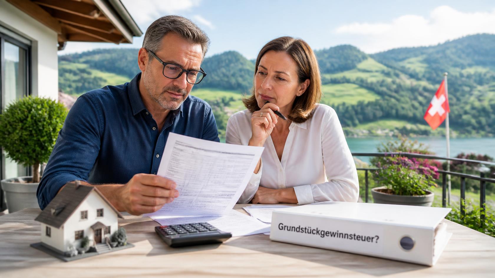 Paar prüft Steuerunterlagen am Tisch mit Hausmodell und Ordner «Grundstückgewinnsteuer?»