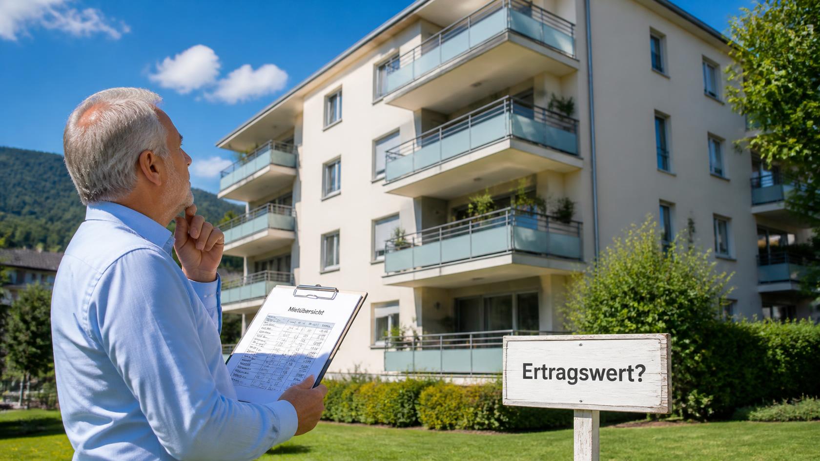 Mann mit Klemmbrett vor einem Mehrfamilienhaus, Schild «Ertragswert?»