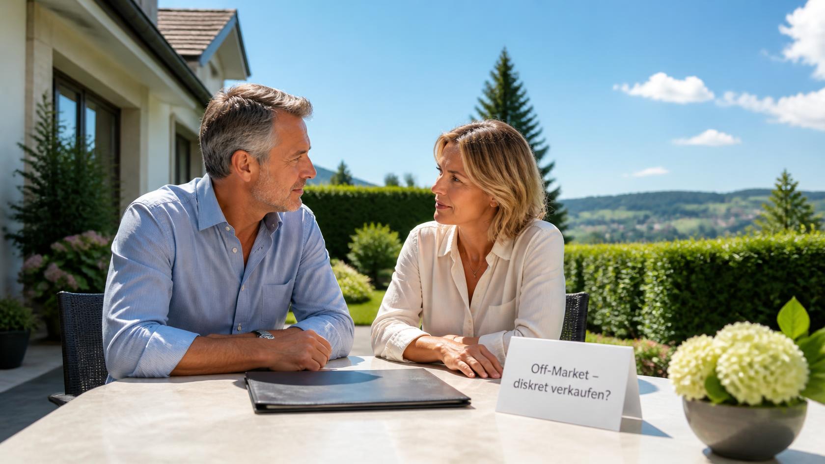Paar im Gespräch am Gartentisch mit Mappe und Schild «Off-Market – diskret verkaufen?» — stiller Immobilienverkauf