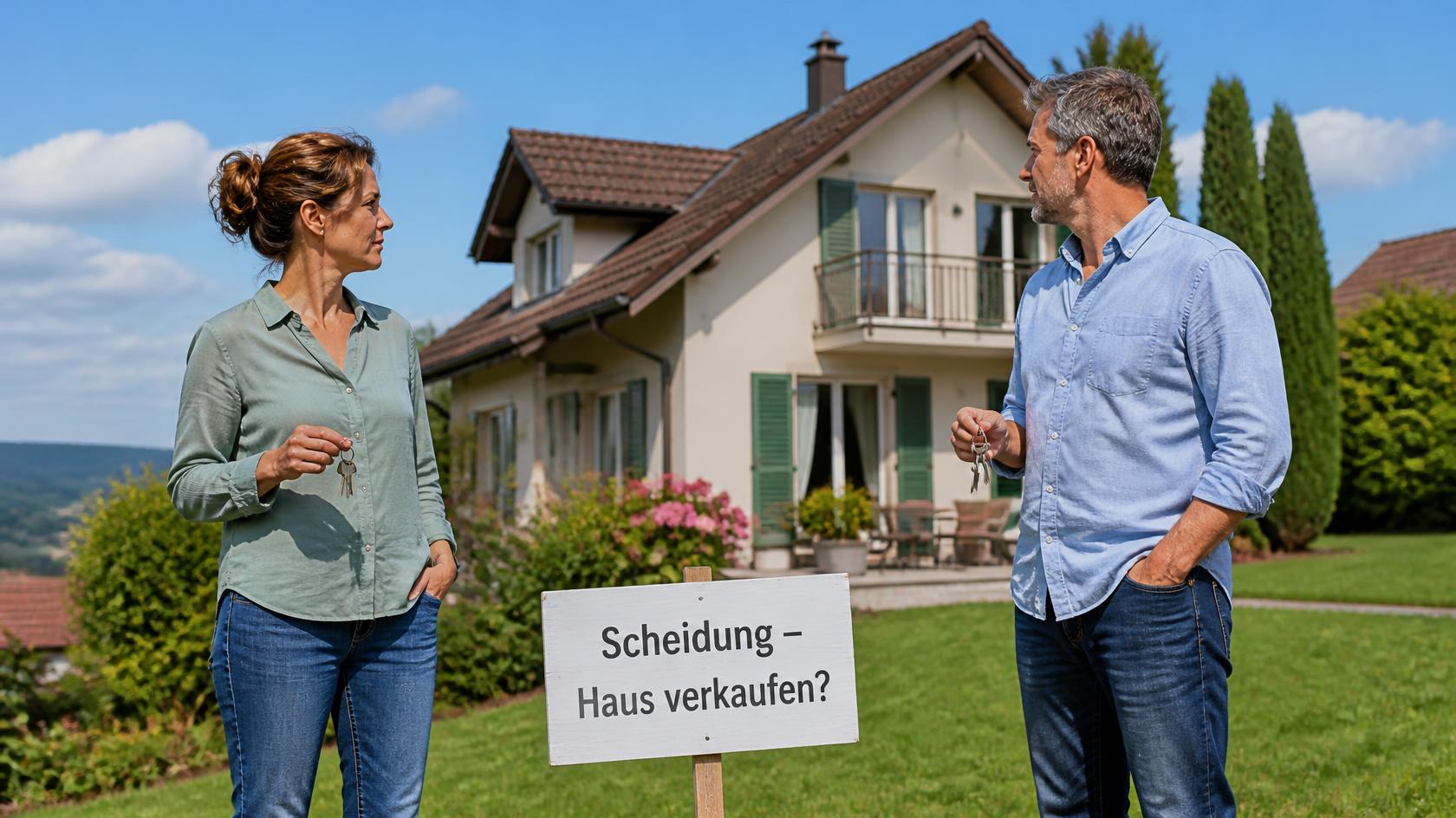 Frau und Mann vor ihrem Einfamilienhaus, Schild «Scheidung – Haus verkaufen?»