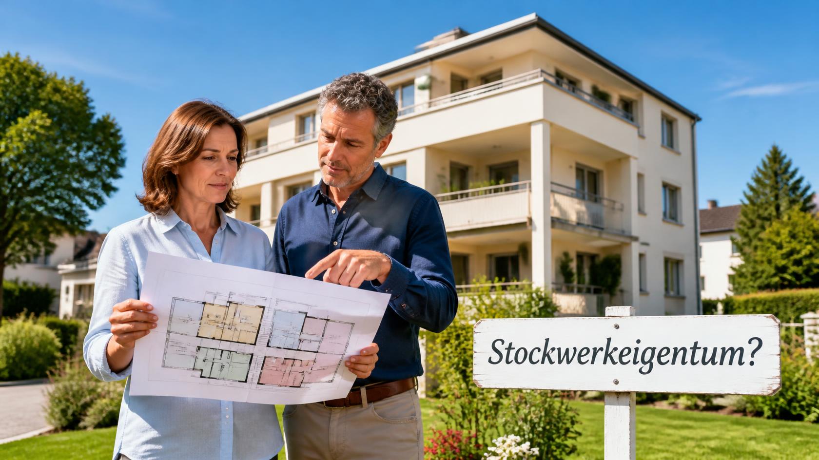 Paar mit Grundrissplan vor einem Mehrfamilienhaus, Schild «Stockwerkeigentum?»