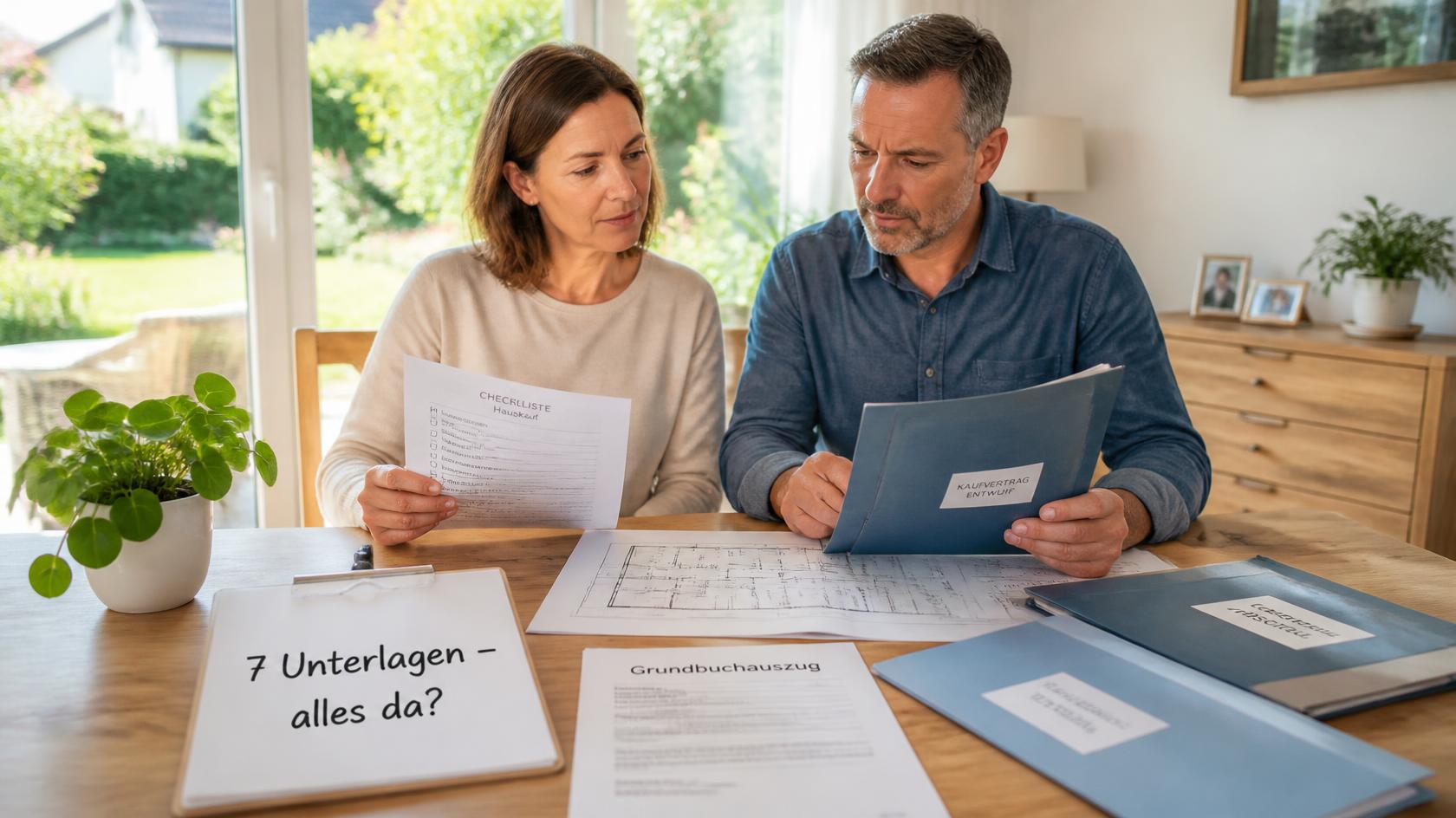 Paar prüft Verkaufsunterlagen am Esstisch, Schild «7 Unterlagen – alles da?»