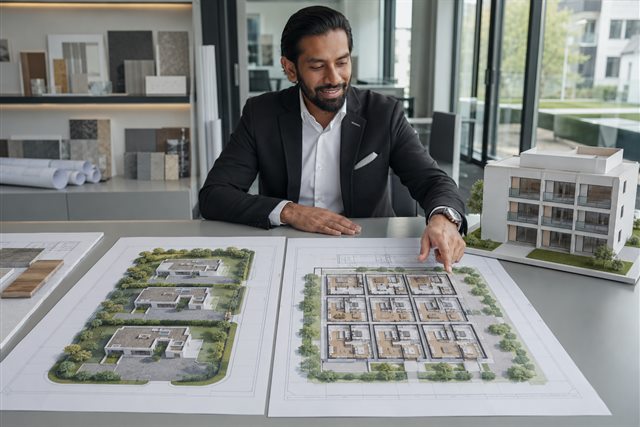 Easyhomes-Berater vergleicht die Pläne des ursprünglichen Villenprojekts mit dem optimierten Mehrfamilienhaus